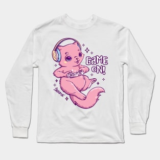 Cute pink gamer Cat playing with joystick Long Sleeve T-Shirt